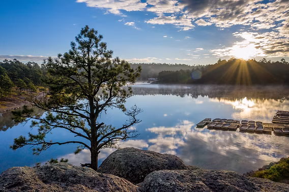 Lago de Arareko rodeado de bosque cerca del Pueblo Mágico de Creel.